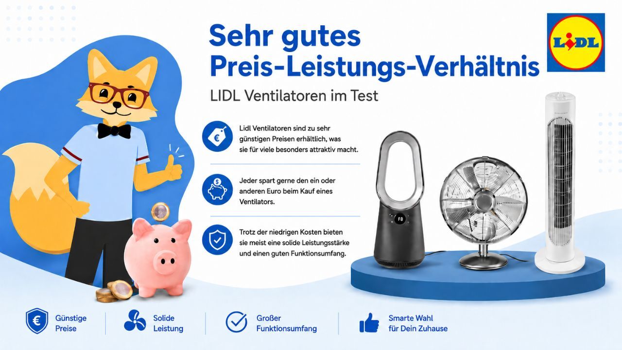 Der Smart-Home-Fox Experte zeigt die Vorteile von LIDL Ventilatoren wie ein gutes Preis-Leistungs-Verhältnis in einer Infografik